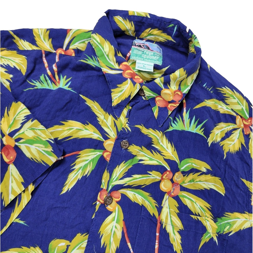 VTG Reyn Spooner Mens Large Blue All Over Palm Tree Floral Hawaiian Button Up SS